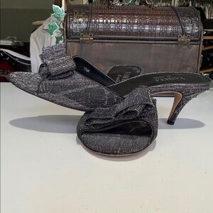 Vaneli Metallic Charcoal Glitter Bow Mule Heels